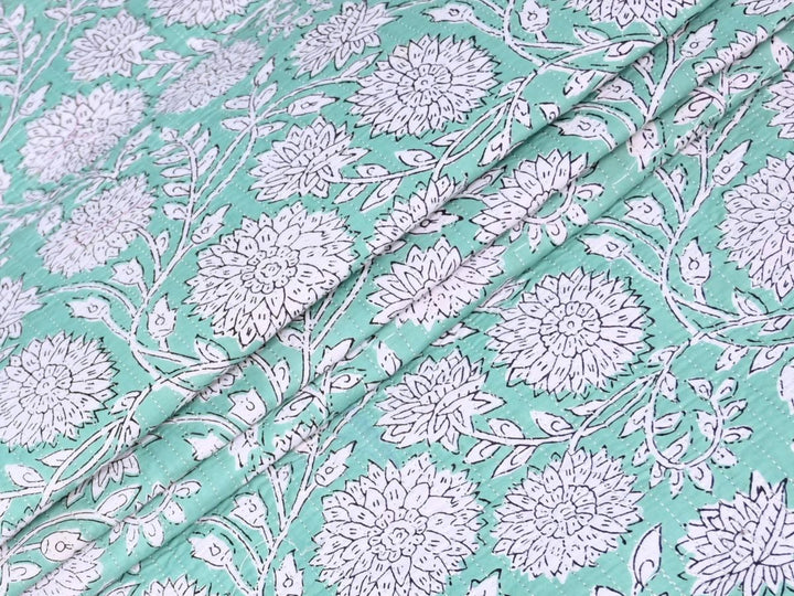 Mint Green Quilted Throw Fabric | Reversible Cotton Print | Indolibas