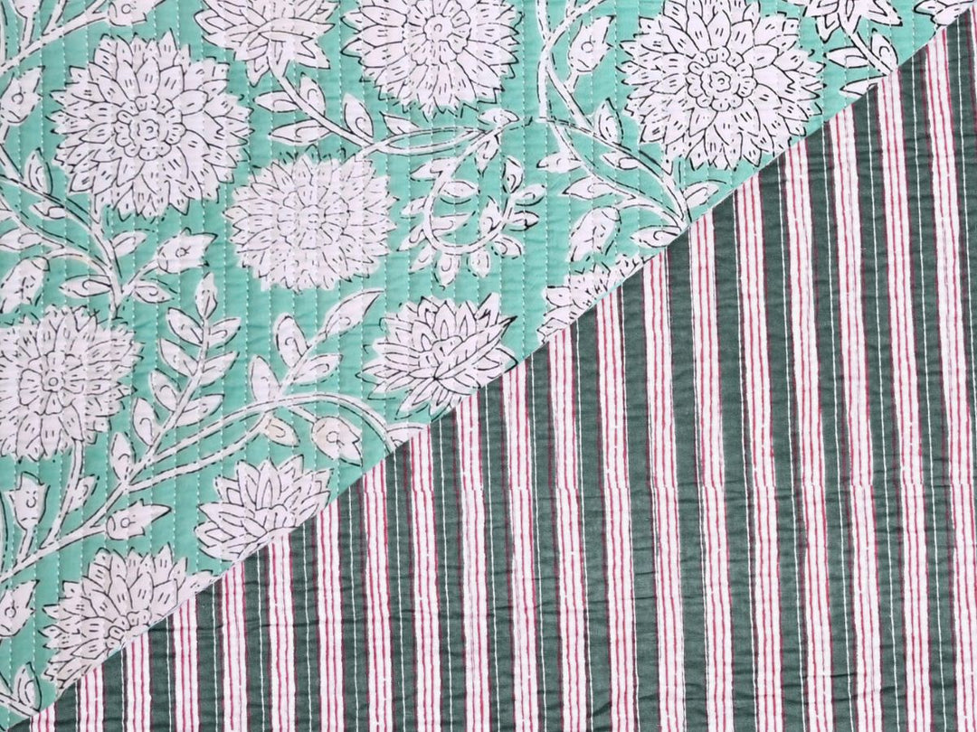 Mint Green Quilted Throw Fabric | Reversible Cotton Print | Indolibas