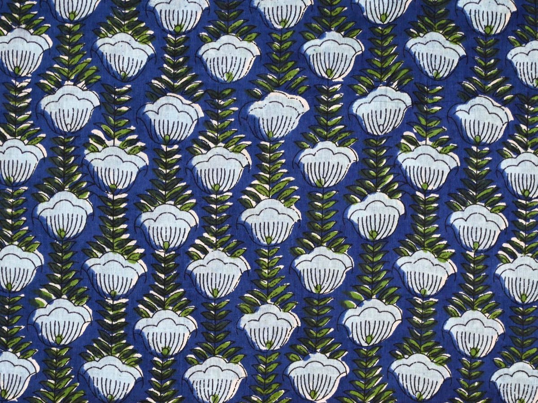 Repeating white floral block print on cobalt blue ground