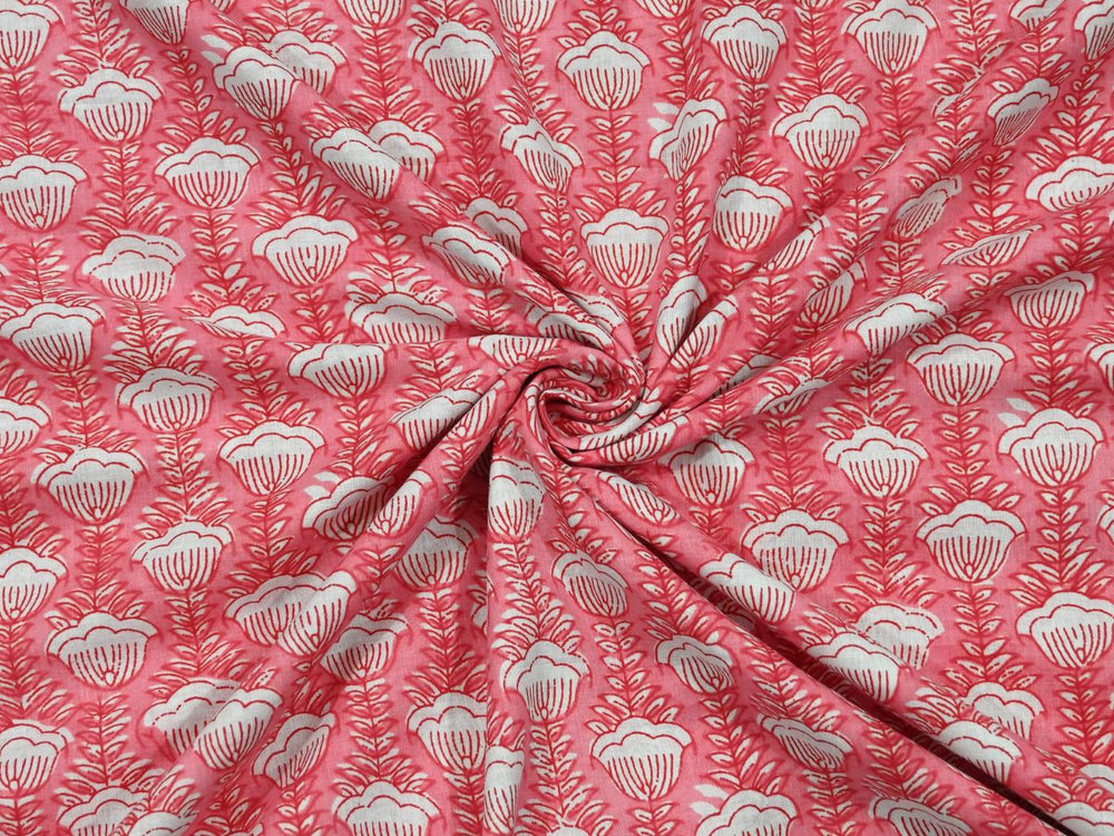 Peach floral cotton fabric by the yard with white shell-shaped flower repeat