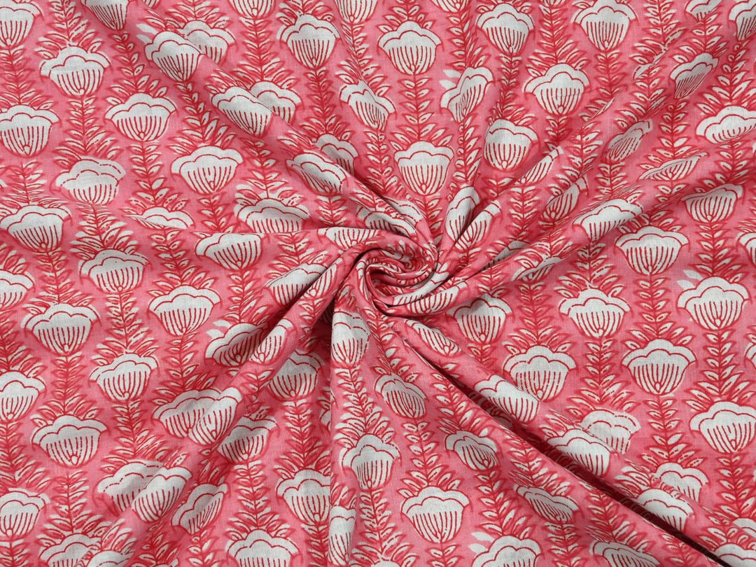 Peach floral cotton fabric by the yard with white shell-shaped flower repeat