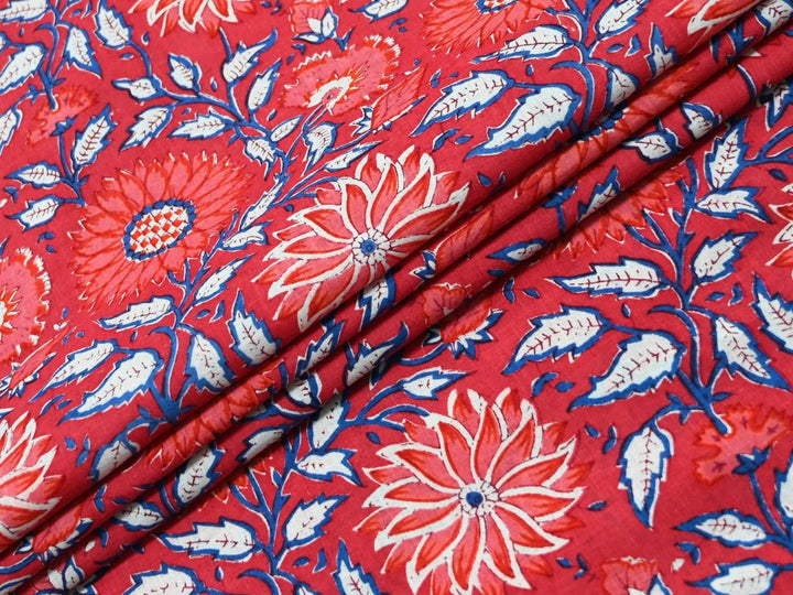 Red Floral Cotton Fabric by the Yard | Block Print Table Cotton | Indolibas