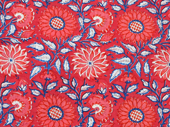 Red floral cotton fabric by the yard with block print table cotton design