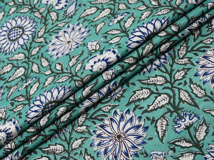 Mint Green Floral Fabric by the Yard | Kids Block Print Cotton | Indolibas