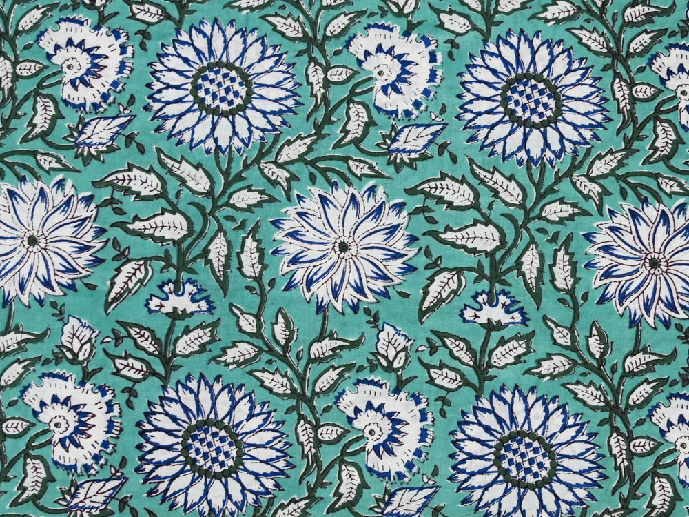 Mint green floral fabric by the yard with hand block print