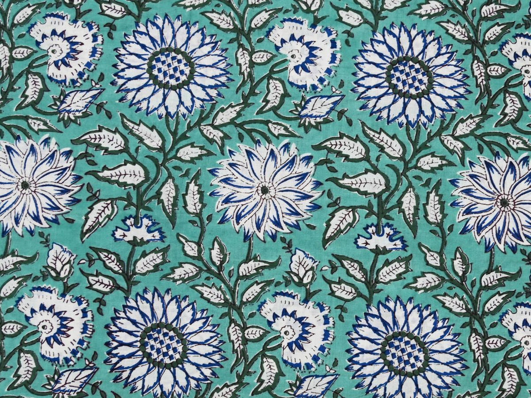 Mint green floral fabric by the yard with hand block print
