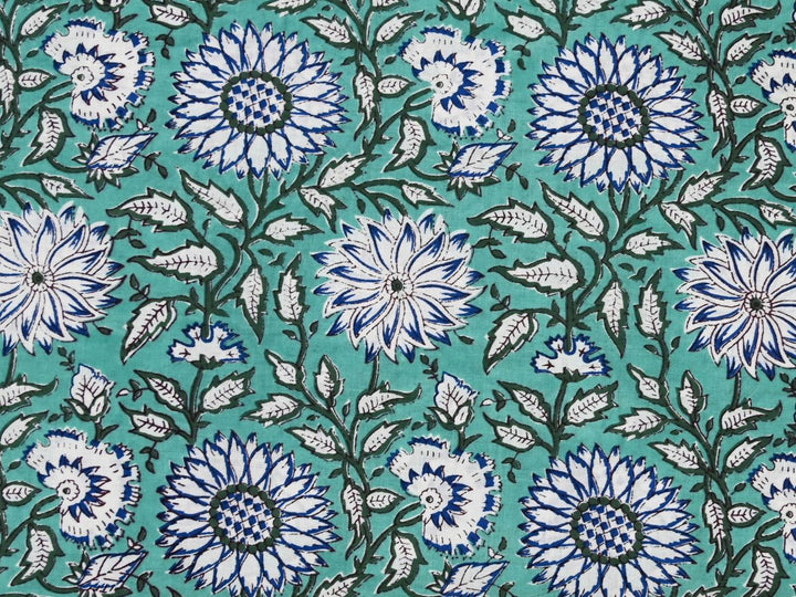 Mint green floral fabric by the yard with hand block print