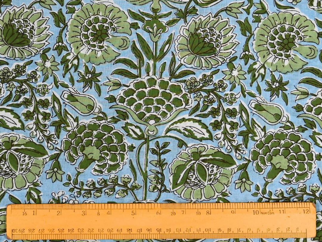 Close-up of green floral cotton fabric with detailed linework and bud accents