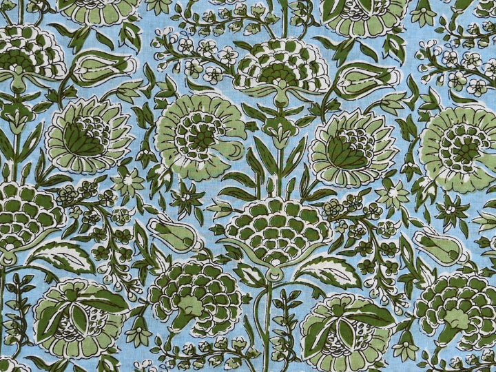 Green floral cotton fabric by the yard with quilting cotton block print