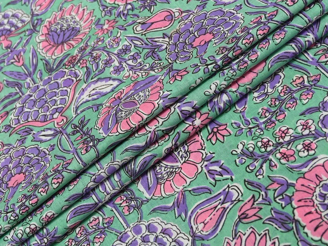 Purple and pink floral Cotton Fabric by the Yard | Quilting Cotton Block Print | Indolibas