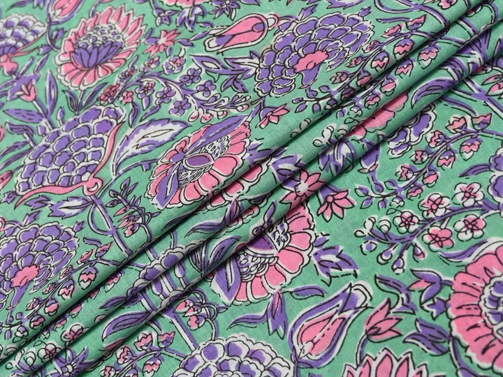Purple and pink floral Cotton Fabric by the Yard | Quilting Cotton Block Print | Indolibas