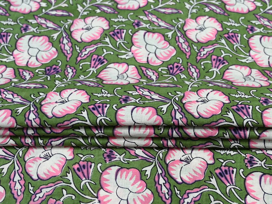 Olive green floral fabric by the yard with pink pansy-style flower repeat
