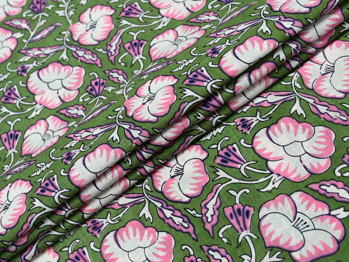 Olive Freen and Pink Floral Fabric by the Yard | Indian Block Print for Home Décor | Indolibas