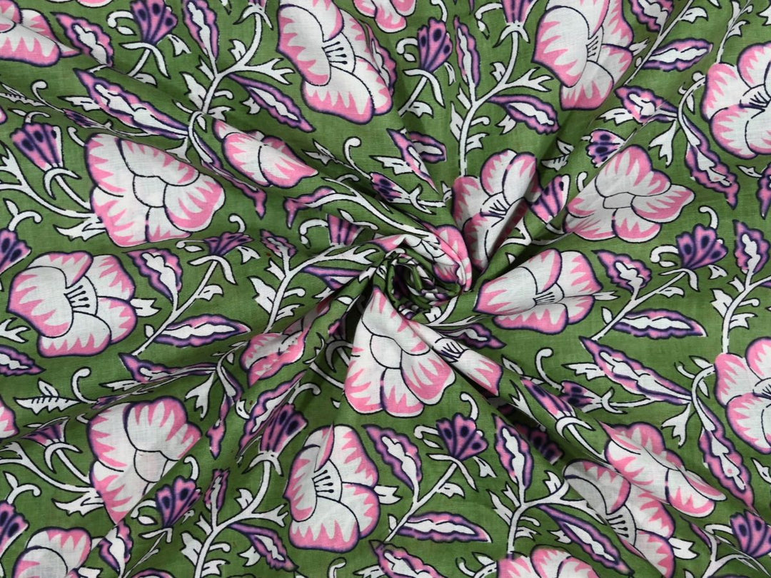 Repeating floral block print on olive green ground with white vines