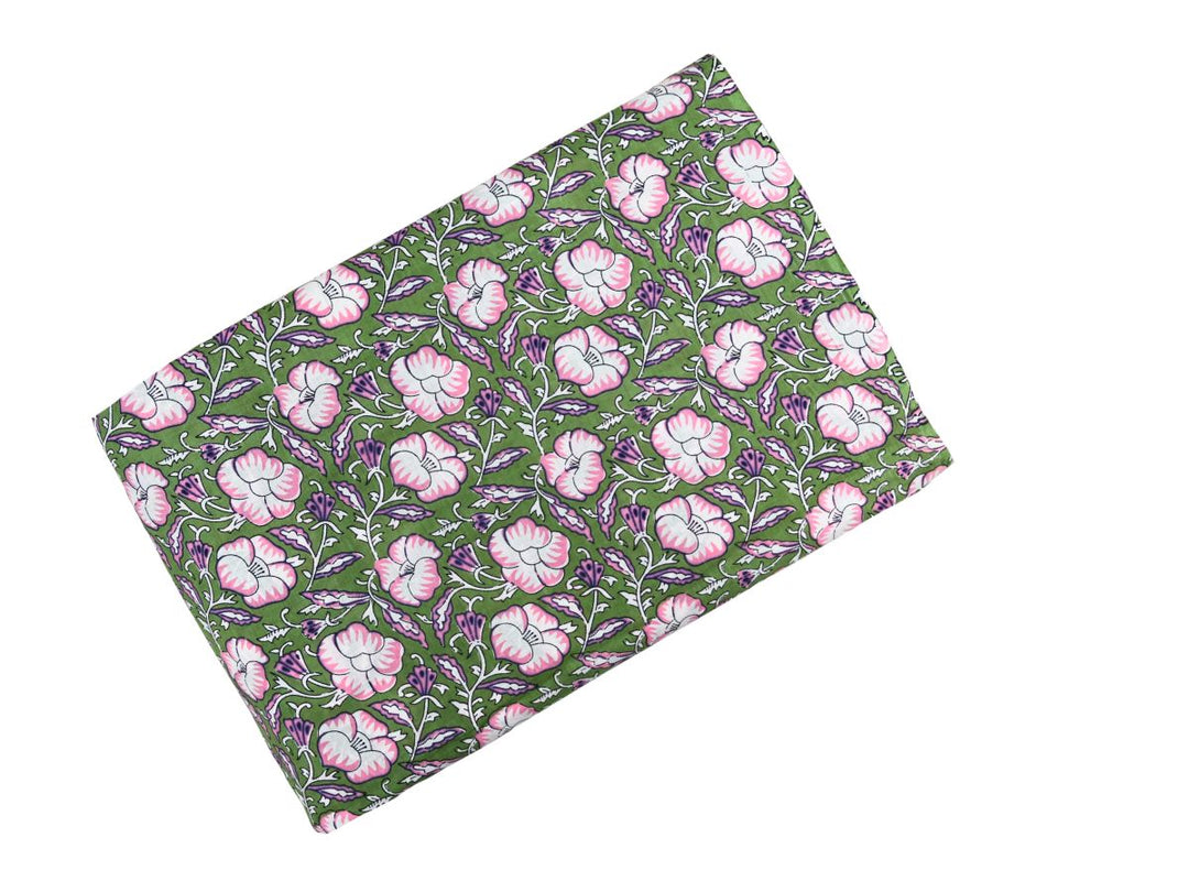 Close-up of olive green floral cotton fabric with detailed linework and bud accents