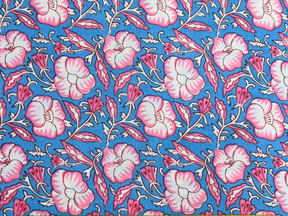 Blue pink floral fabric by the yard with pansy-style flower repeat