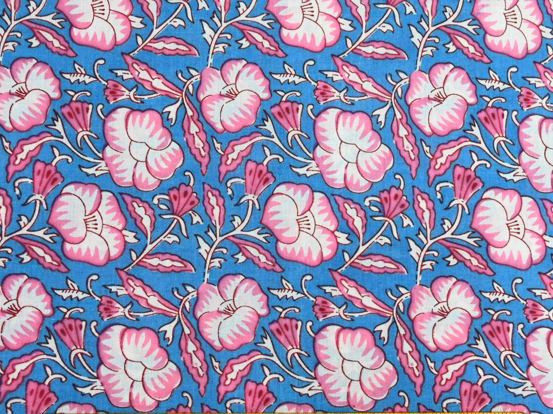 Blue pink floral fabric by the yard with pansy-style flower repeat