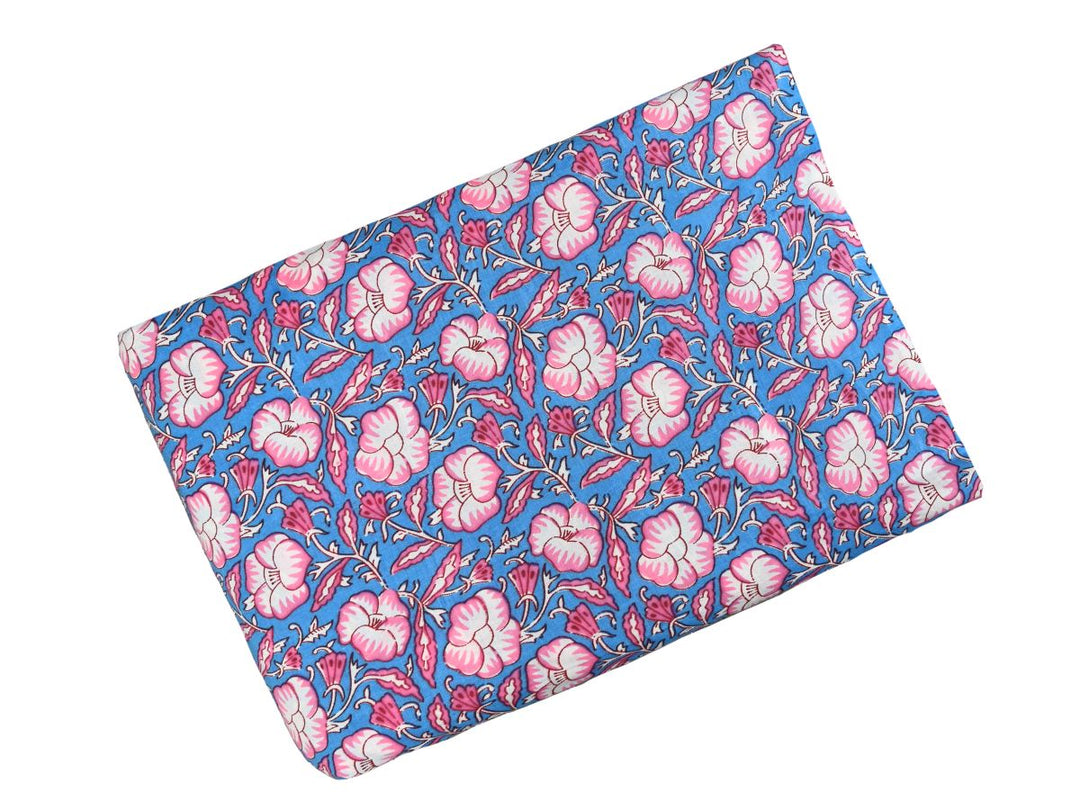 Repeating floral block print on sky blue ground with white leafy vines