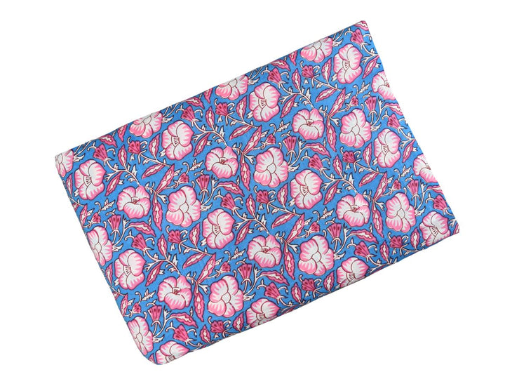 Repeating floral block print on sky blue ground with white leafy vines