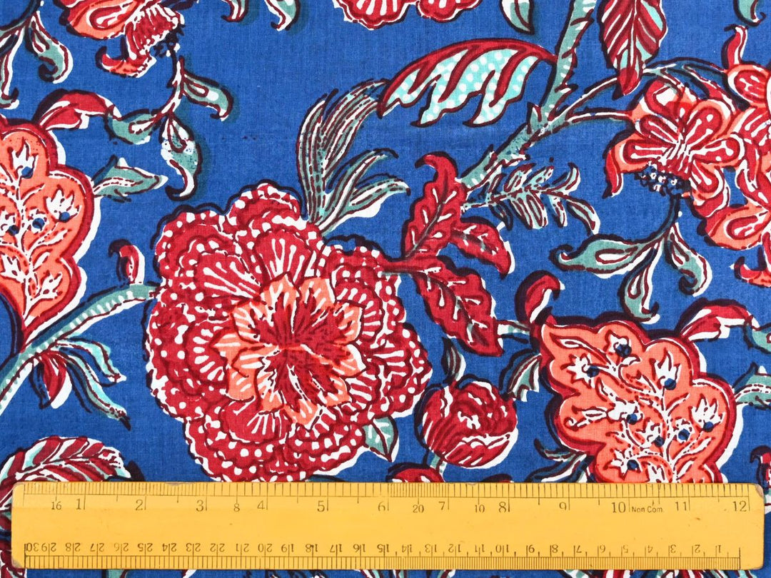 Blue Red Floral Fabric by the Yard | Indian Block Print for Quilting | Indolibas