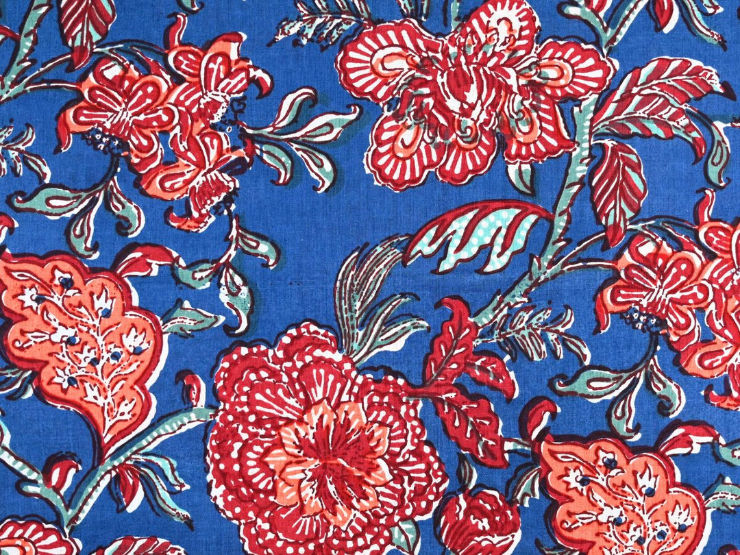 Blue Red Floral Fabric by the Yard | Indian Block Print for Quilting | Indolibas