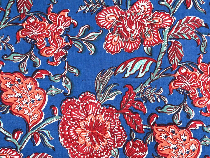 Blue Red Floral Fabric by the Yard | Indian Block Print for Quilting | Indolibas