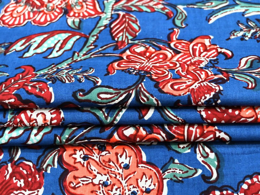 Blue Red Floral Fabric by the Yard | Indian Block Print for Quilting | Indolibas