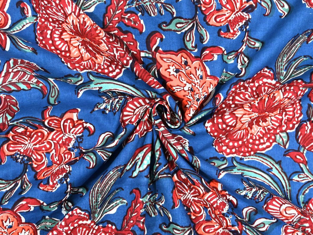 Blue Red Floral Fabric by the Yard | Indian Block Print for Quilting | Indolibas