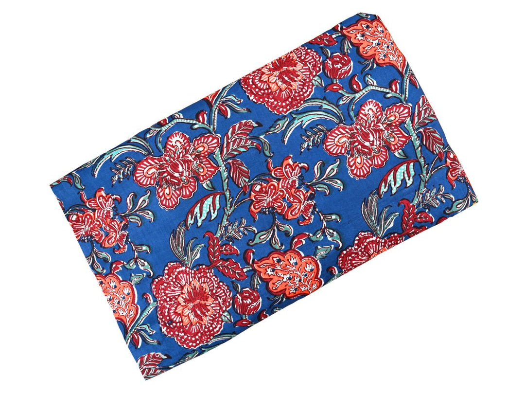 Blue Red Floral Fabric by the Yard | Indian Block Print for Quilting | Indolibas
