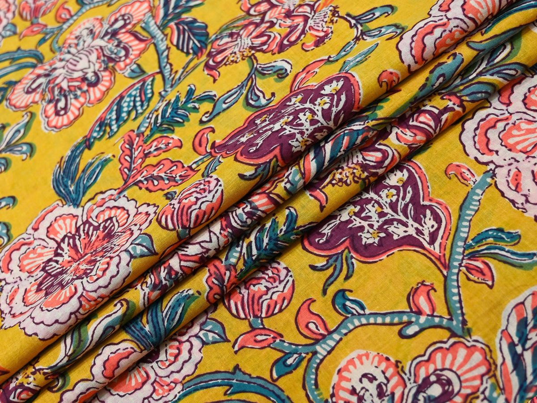 Mustard Yellow Floral Fabric by the Yard | Indian Block Print for Quilting | Indolibas