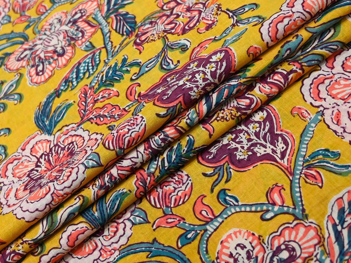 Mustard Yellow Floral Fabric by the Yard | Indian Block Print for Quilting | Indolibas