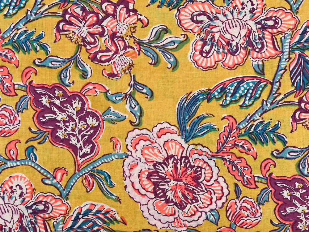 Mustard yellow floral fabric by the yard with large-scale coral and teal block print