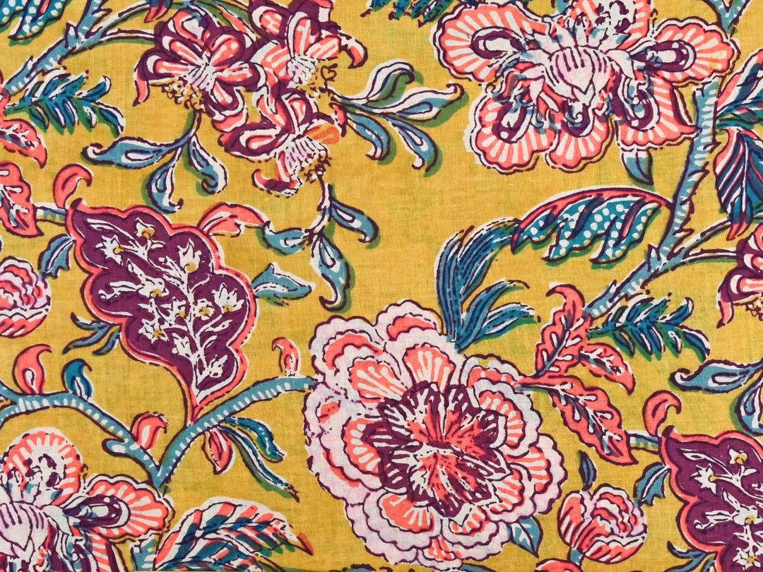 Mustard yellow floral fabric by the yard with large-scale coral and teal block print