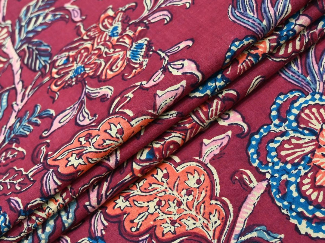 Maroon Floral Fabric by the Yard | Indian Block Print for Quilting | Indolibas