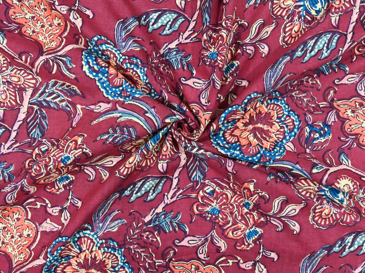Burgundy floral fabric by the yard with large-scale coral and blue block print