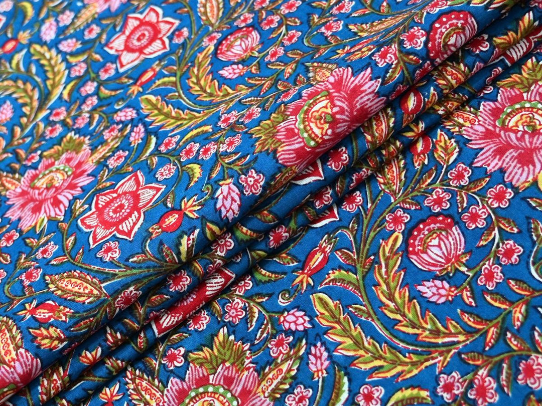 Blue and Pink Floral Fabric by the Yard | Indian Block Print for Festive Crafts | Indolibas