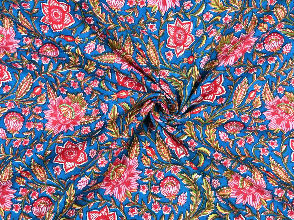 Cobalt blue floral fabric by the yard with dense pink and red block print