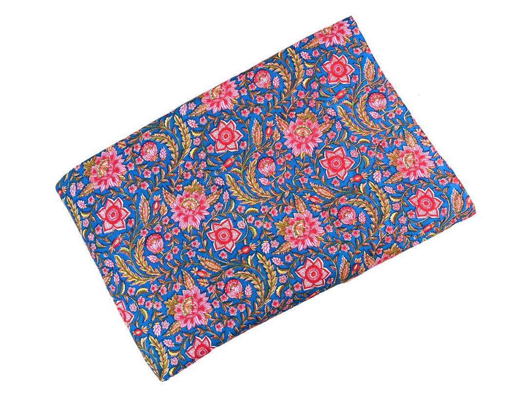 Dense floral block print on cobalt blue ground with small blossom accents
