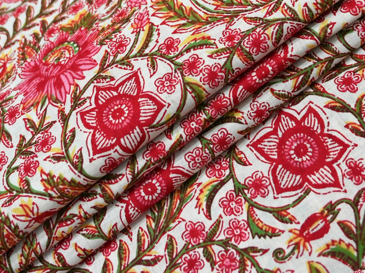 Red Pink Floral Fabric by the Yard | Indian Block Print for Festive Crafts | Indolibas