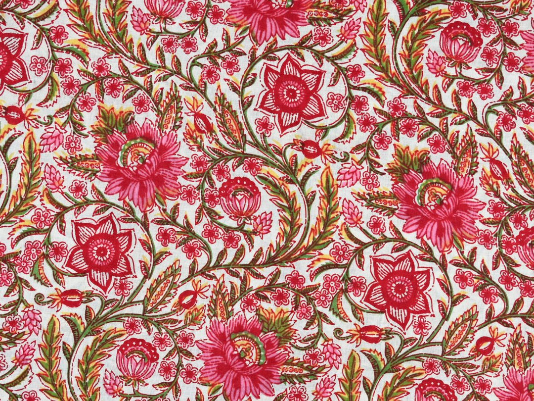 Red pink floral fabric by the yard with dense block print on white