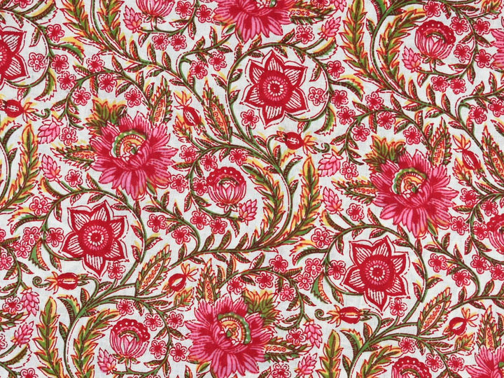 Red pink floral fabric by the yard with dense block print on white