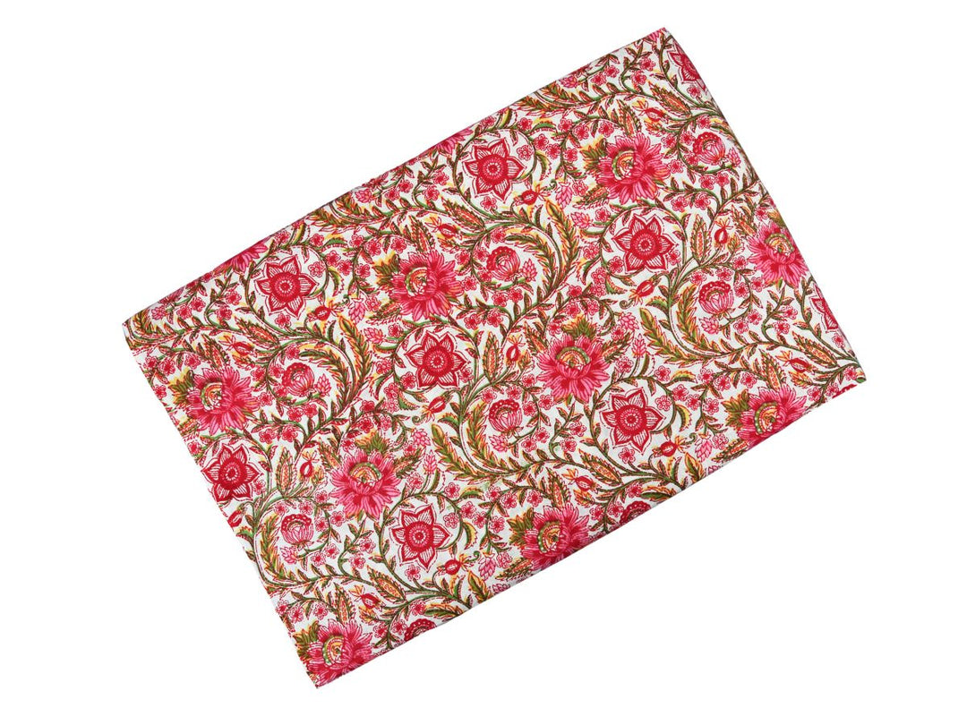 Dense floral block print fabric with olive and mustard foliage accents