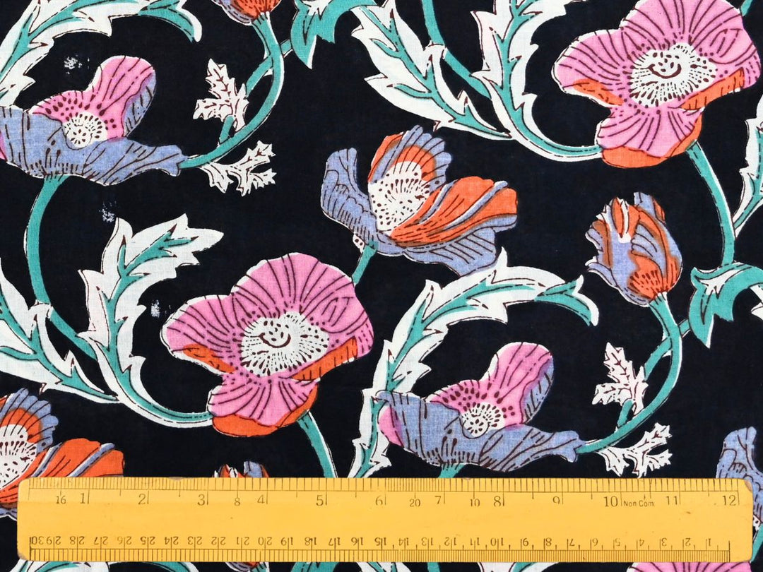 Black Poppy Fabric by the Yard | Indian Block Print for Dressmaking | Indolibas