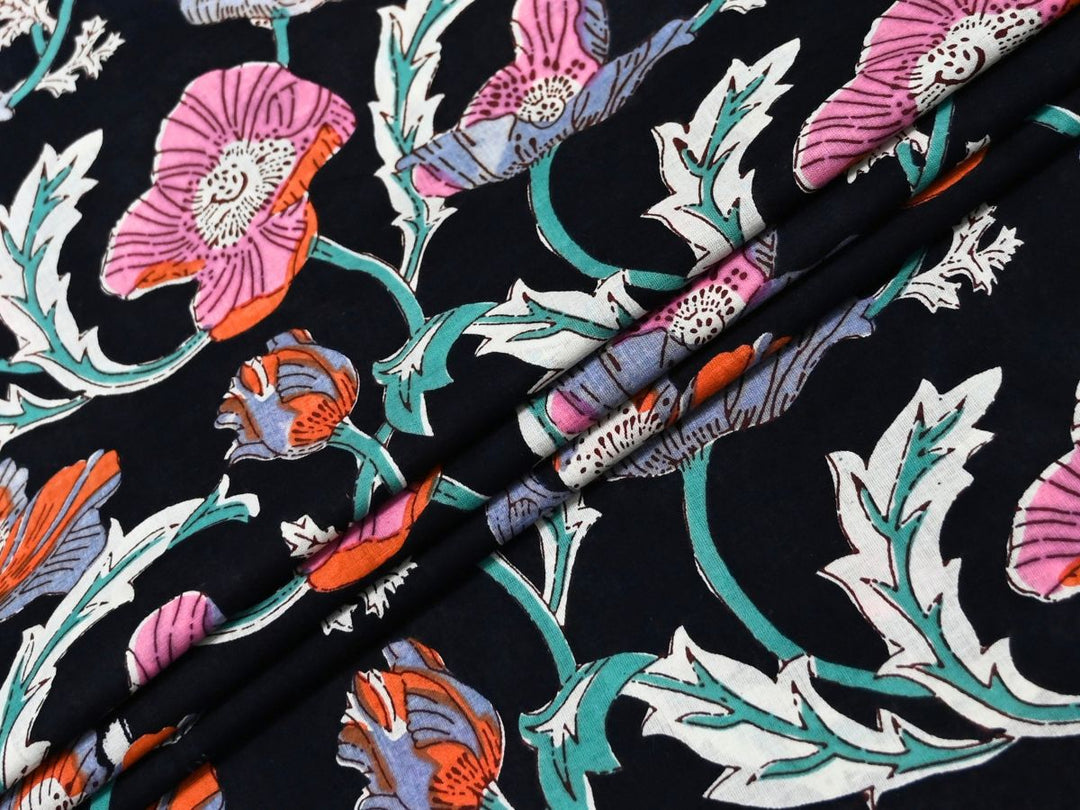 Black Poppy Fabric by the Yard | Indian Block Print for Dressmaking | Indolibas