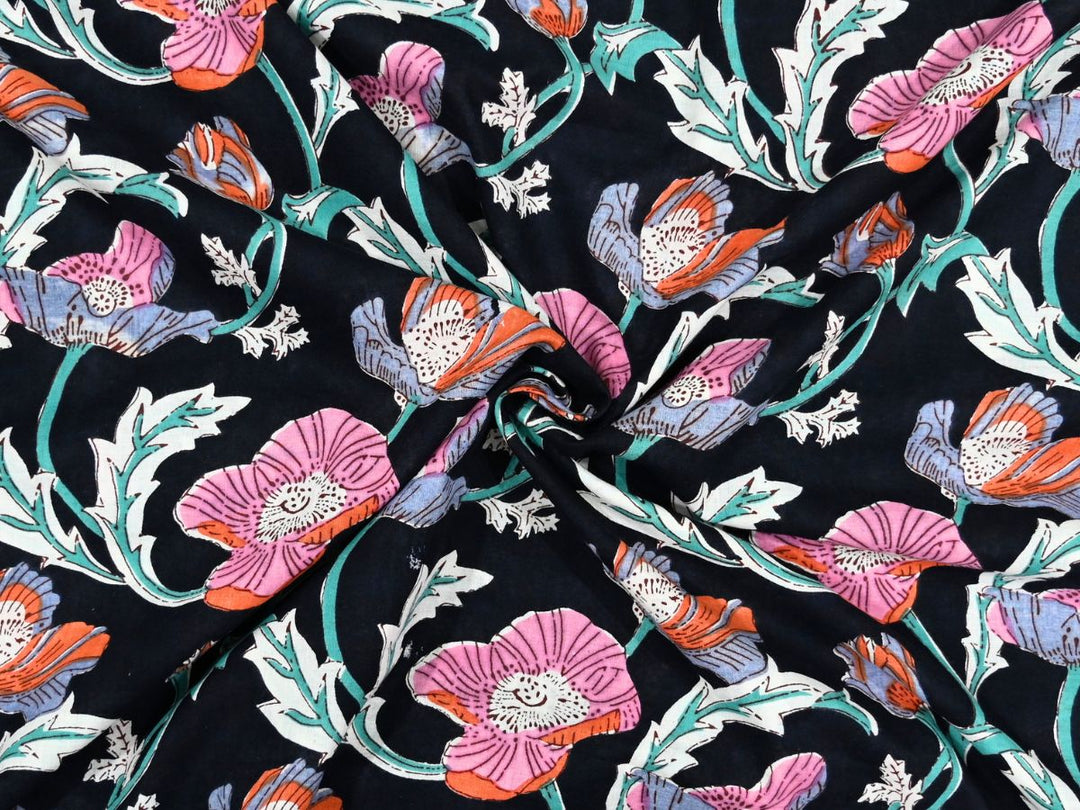 Large-scale poppy floral Indian block print fabric with white and mint green foliage