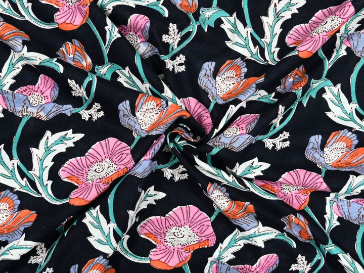 Large-scale poppy floral Indian block print fabric with white and mint green foliage