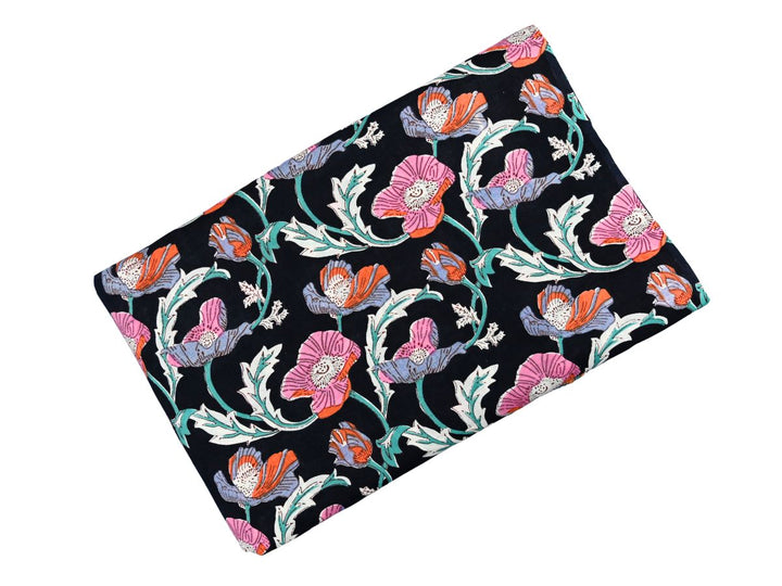 Close-up of black poppy cotton fabric with speckled centers and detailed linework