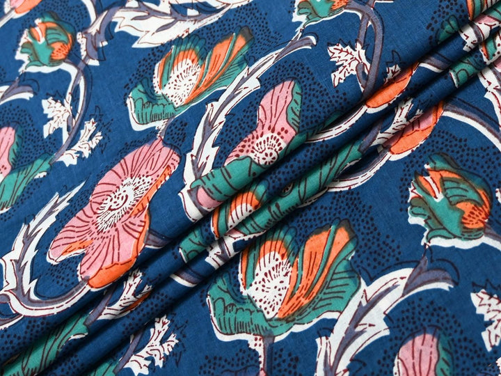 Navy Blue Poppy Fabric by the Yard | Indian Block Print for Dressmaking | Indolibas
