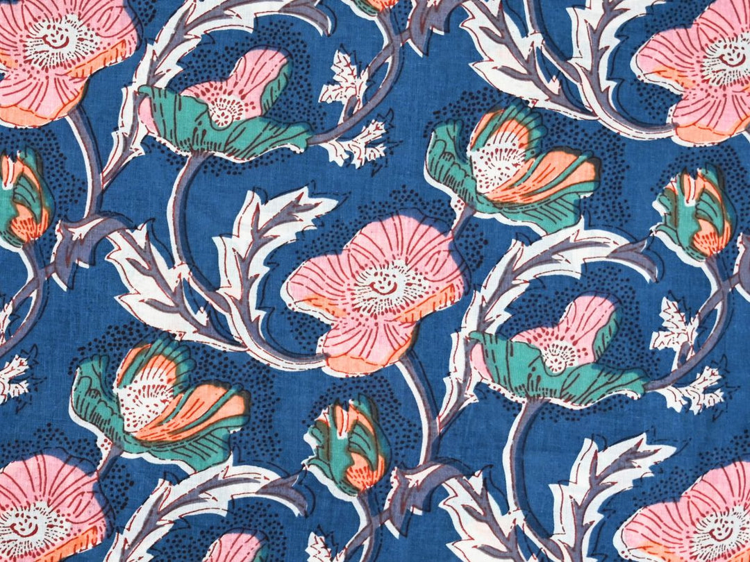 Navy floral fabric by the yard with large-scale poppy woodblock cotton print