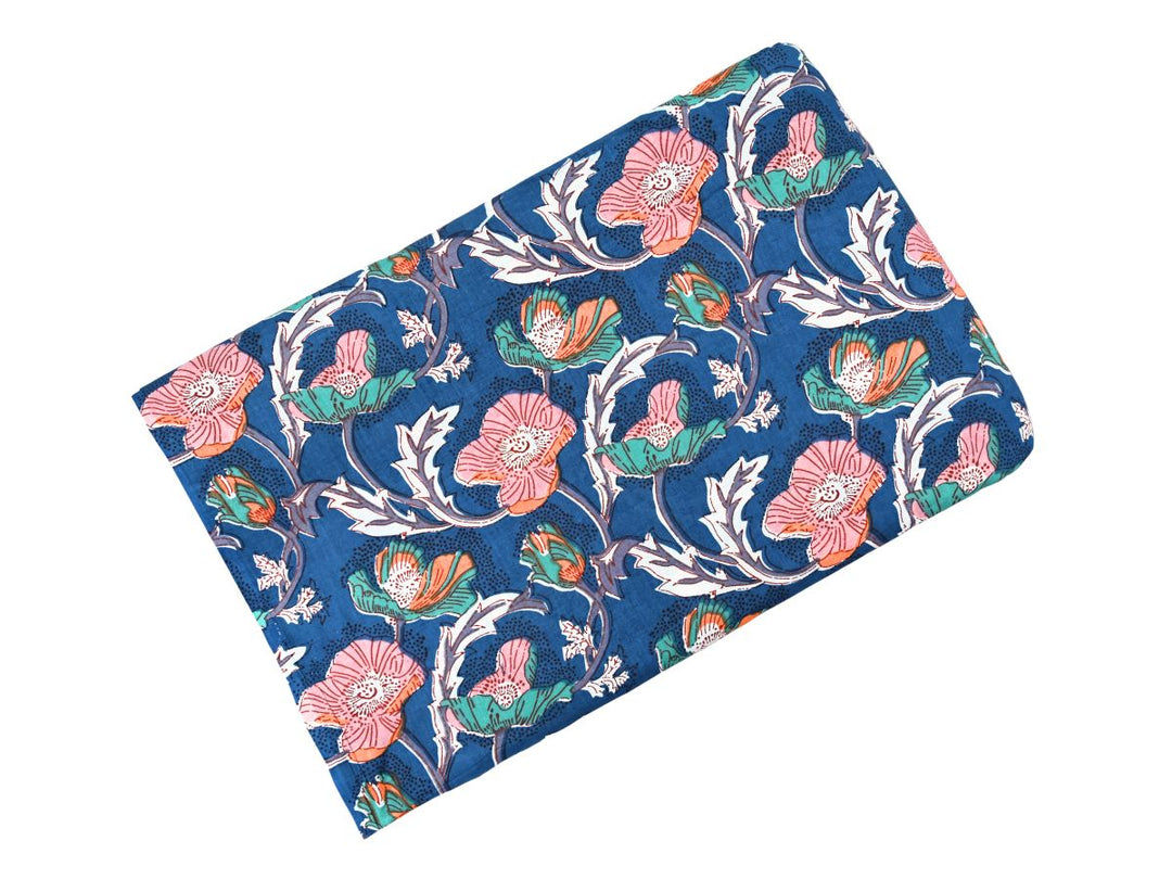 Close-up of navy floral cotton fabric with dotted texture and detailed linework
